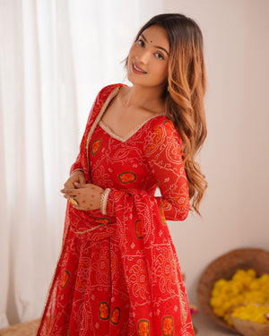 Soft Lightweight Chiffon Bandhej Fabric Inner Micro Cotton Embroidered Anarkali Set – Orange