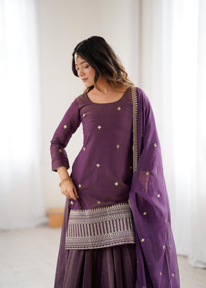 Roman Shimmer Silk Embroidered Top Set – Purple