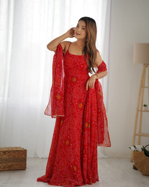 Soft Lightweight Chiffon Bandhej Embroidered Gown Set – Red