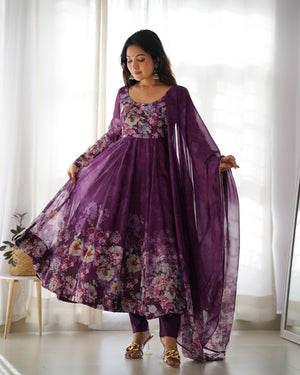 Organza Silk Printed Anarkali Set – Wine