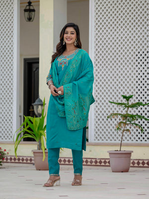 Premium Roman Silk Embroidered Straight Kurti Set – Firozi