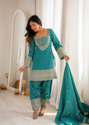 Vichitra Silk Embroidered Farshi Salwar Set – Sea Green