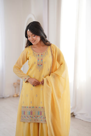 Crunchy Silk Embroidered Kurta-Sharara Set – Yellow