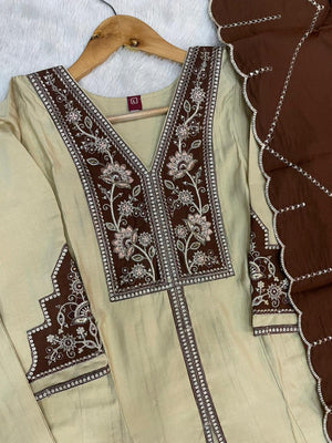 Roman Silk Embroidered Anarkali Kurti Set – Cream