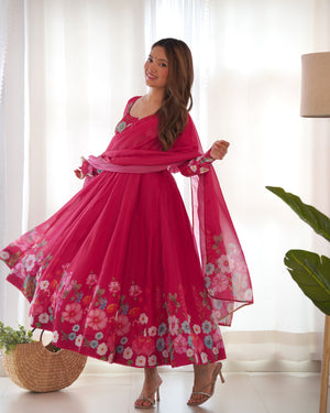 Organza Silk Printed Anarkali Set – Pink