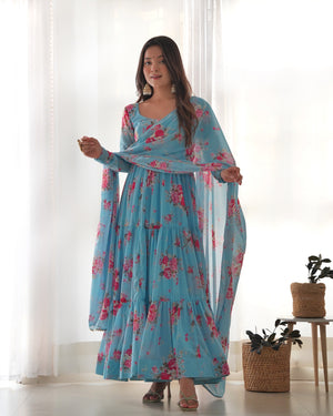 Georgette Printed Anarkali Set – Blue