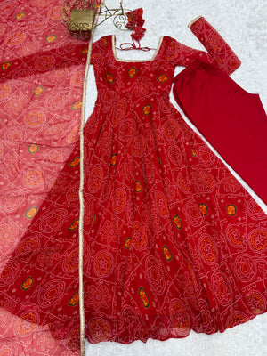 Soft Lightweight Chiffon Bandhej Fabric Inner Micro Cotton Embroidered Anarkali Set – Orange