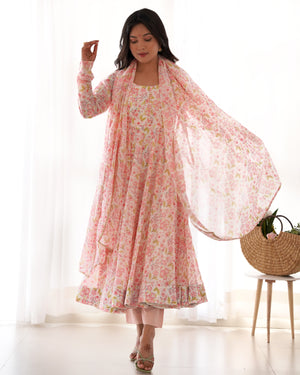 Heavy Orange Chiffon Floral Print Printed Anarkali Set – Pink Floral