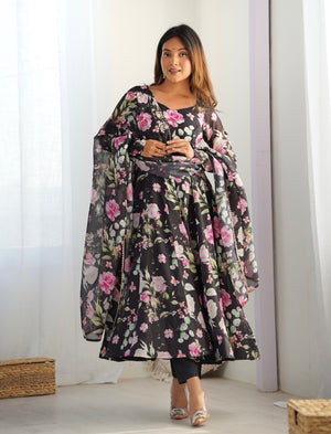 Organza Silk Printed Anarkali Set – Black