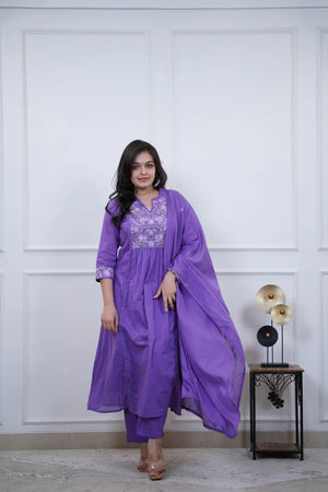 Cotton Embroidered Kurta Pant Dupatta Set – Purple