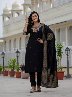 Premium Roman Silk Embroidered Straight Kurti Set – Black