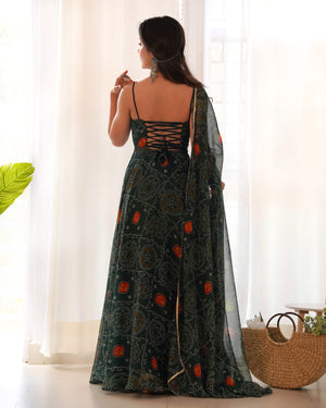 Soft Lightweight Chiffon Bandhej Embroidered Gown Set – Bottle Green