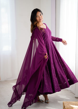Georgette Embroidered Anarkali Set – Wine