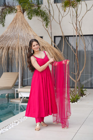 Roman Chanderi Silk Embroidered Anarkali Set – Rani Pink