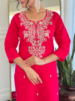 Roman Silk Embroidered Kurta Pant Dupatta Set – Rani Pink