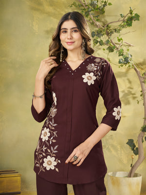 Heavy Rayon Embroidered Co-Ords Set – Wine