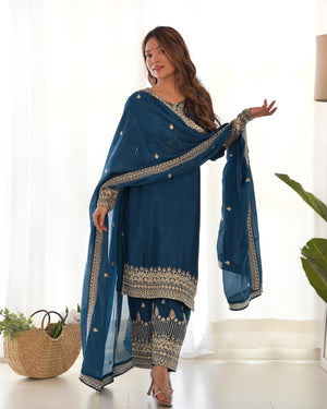 Chinon Silk Embroidered Straight Kurta Set – Navy Blue
