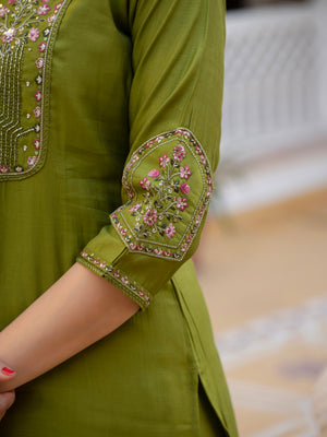 Pure Viscose Mango Silk Embroidered Straight Kurti Set – Mhendi Green
