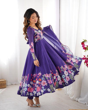 Organza Silk Printed Anarkali Set – Purple