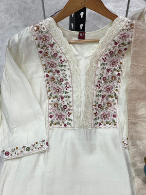 Roman Silk Embroidered Straight Kurti Set – White
