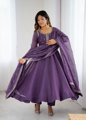 Crunchy Silk Embroidered Gown Set – Purple