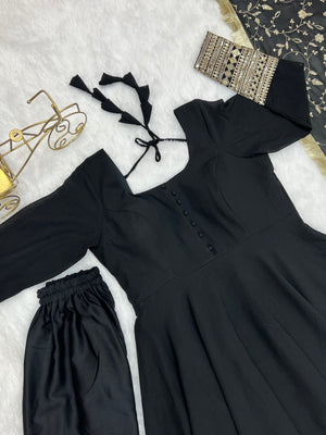 Georgette Embroidered Gown Set – Black