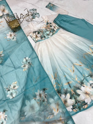 Organza Silk Printed Anarkali Set – Aqua Blue