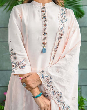 Muslin Cotton Embroidered Kurta Pant Dupatta Set – Ivory