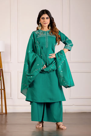 Viscose Mango Silk Embroidered Anarkali Kurti Set – Rama Green
