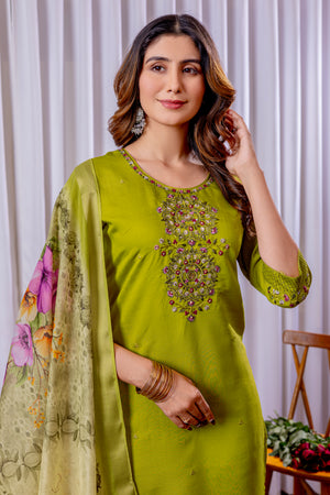 Viscose Silk Embroidered Straight Kurti Set – Parrot Green