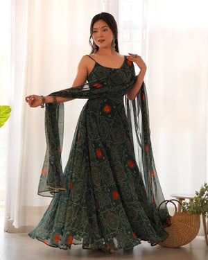 Soft Lightweight Chiffon Bandhej Embroidered Gown Set – Bottle Green