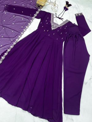 Georgette Embroidered Anarkali Set – Purple