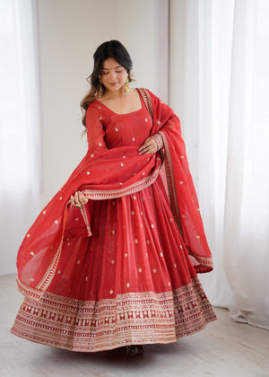 Crunchy Silk Embroidered Gown Set – Rust
