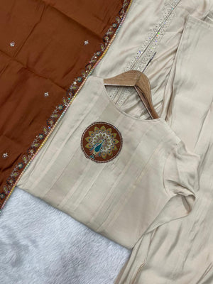 Roman Silk Embroidered Anarkali Kurti Set – Cream