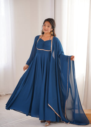 Georgette Embroidered Gown Set – Teal Blue