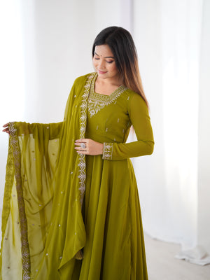 Georgette Embroidered Anarkali Set – Mehndi Green