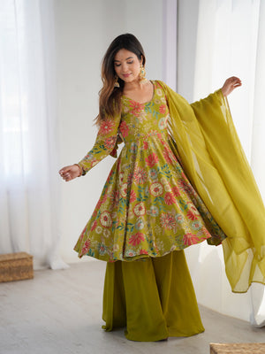 Roman Chanderi Silk Printed Kurta-Palazzo Set – Mehndi Green