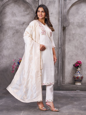 Roman Silk Embroidered Straight Kurti Set – White