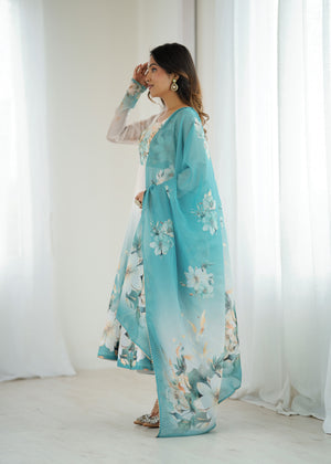 Organza Silk Printed Anarkali Set – Aqua Blue