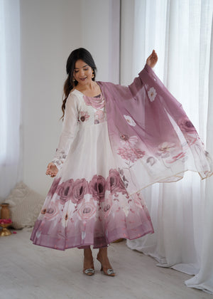 Organza Silk Printed Anarkali Set – Lilac Floral