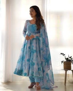 Organza Silk Printed Anarkali Set – Sky Blue