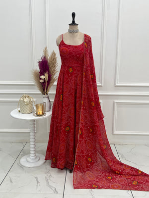Soft Lightweight Chiffon Bandhej Embroidered Gown Set – Red