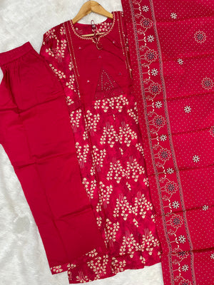 Pure Cotton Embroidered Straight Kurti Set – Red