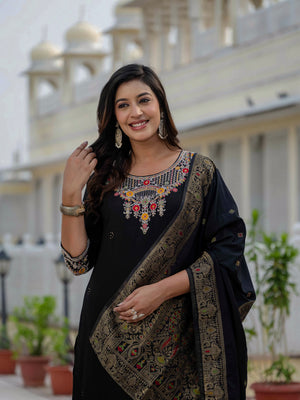Premium Roman Silk Embroidered Straight Kurti Set – Black