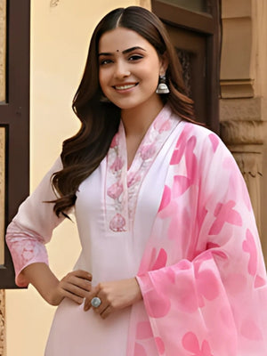 Chanderi Printed Kurta Pant Dupatta Set – Pink