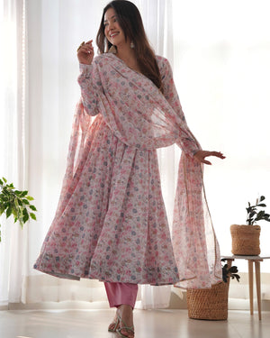 Heavy Orange Chiffon Floral Print Printed Anarkali Set – White Pink