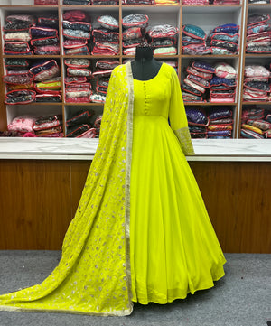 Georgette Embroidered Gown Set – Lemon Green