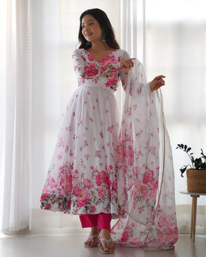 Organza Silk Printed Anarkali Set – Ivory Floral