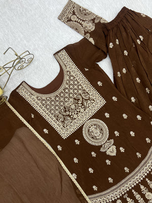 Crunchy Silk Embroidered Sharara Set – Coffee Brown