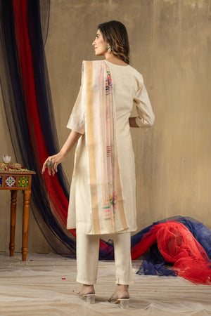 Shimmer Gold Silk Embroidered Straight Kurti Set – Off White